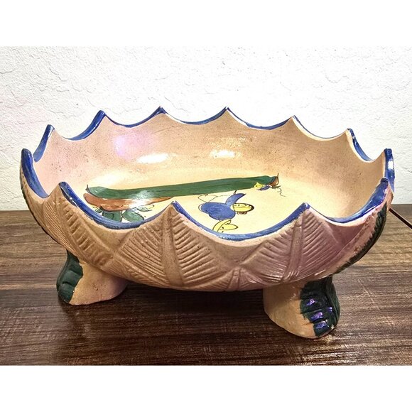 Handmade Mexican Tlaquepaque Ceramic Serving Bowl Painted Bird  Cactus Design - Picture 4 of 12